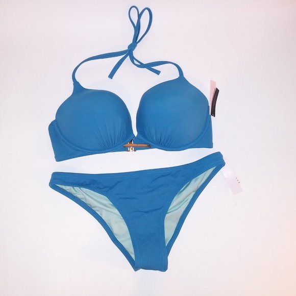 Victoria Secret Swim Bikini 38C Top Large Bottom Solid Blue Bombshell Push Up Ad - Picture 2 of 9